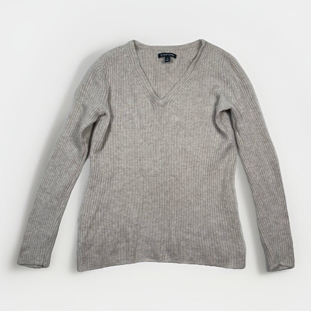 41 Hawthorn 100% Cashmere V-Neck Sweater Size M Ribbed Knit Quiet Luxury Beige